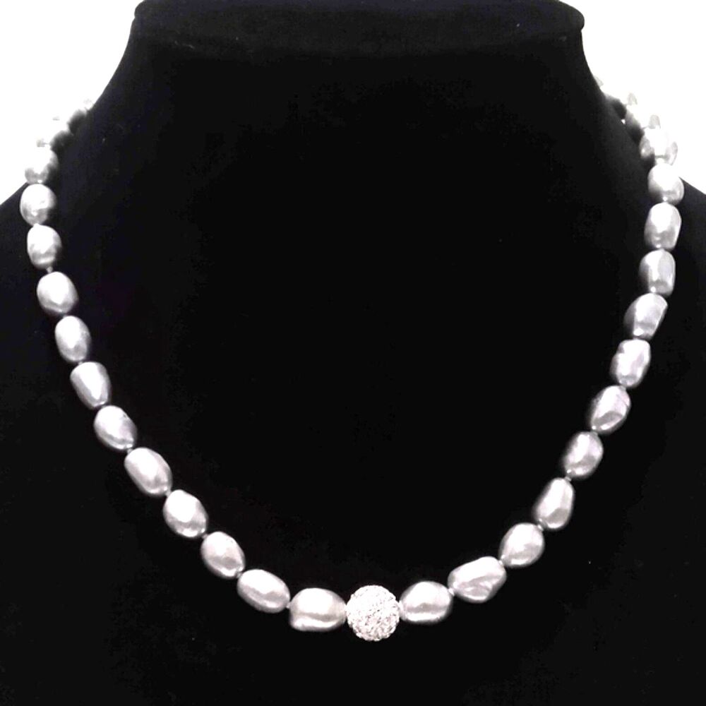 Vintage Gray Genuine Freshwater Pearl Necklace with Pave Rhinestone Center Bead